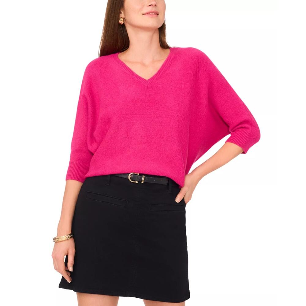 Vince Camuto Women Red Plum Cozy Knit V-Neck Dolman 3/4-Sleeve Sweater Size S